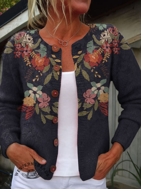 Flower Print Buttoned Cardigan Sweater