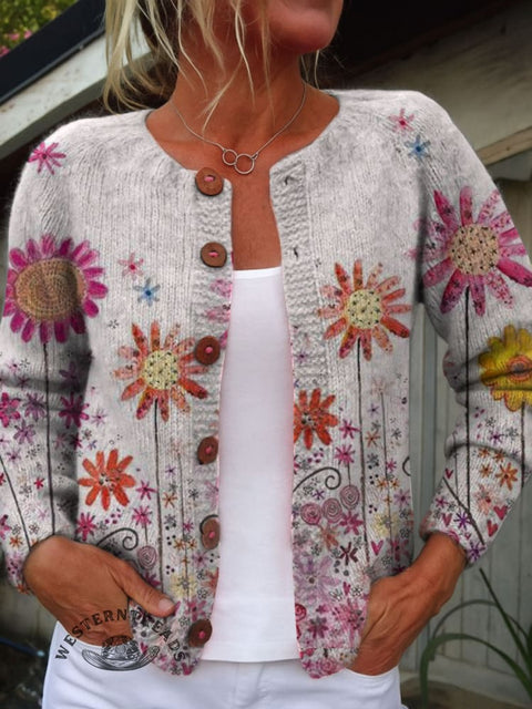 Flower Print Buttoned Cardigan Sweater
