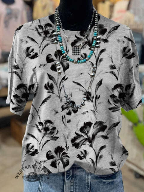 Flower Pattern Casual Round Neck Short Sleeve T-Shirt