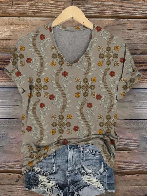 Floral Print Women's V-neck Casual T-Shirt