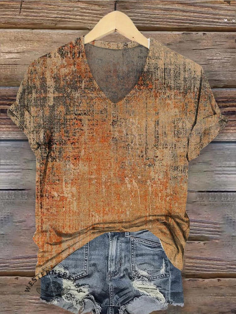 Orange Sunset Print Women's V-neck Casual T-Shirt