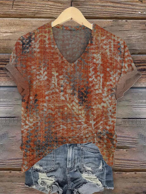 Orange Leaf Print Women's V-neck Casual T-Shirt