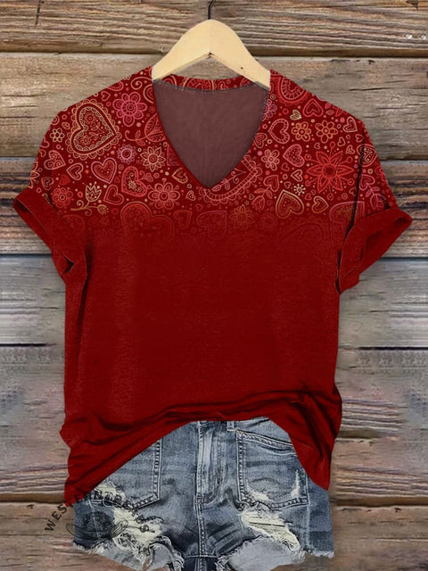 Red Love Pattern Women's V-neck Casual T-Shirt