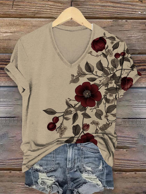 Floral Pattern Women's V-neck Casual T-Shirt