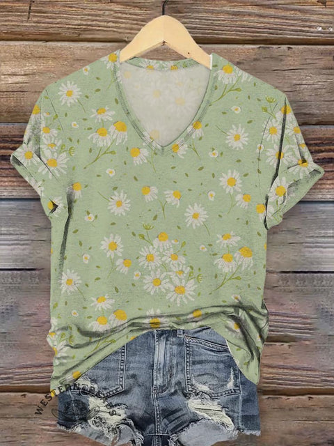Flower Patern Women's V-neck Casual T-Shirt