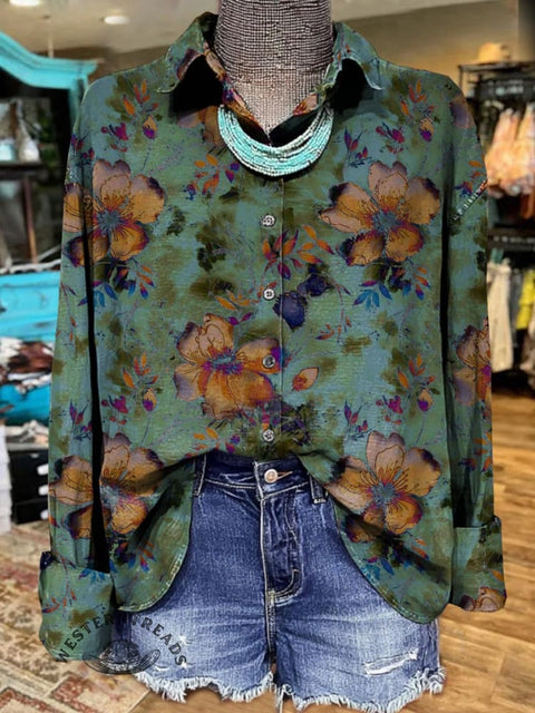 Flower Patern Women's Print Casual Cotton Shirt