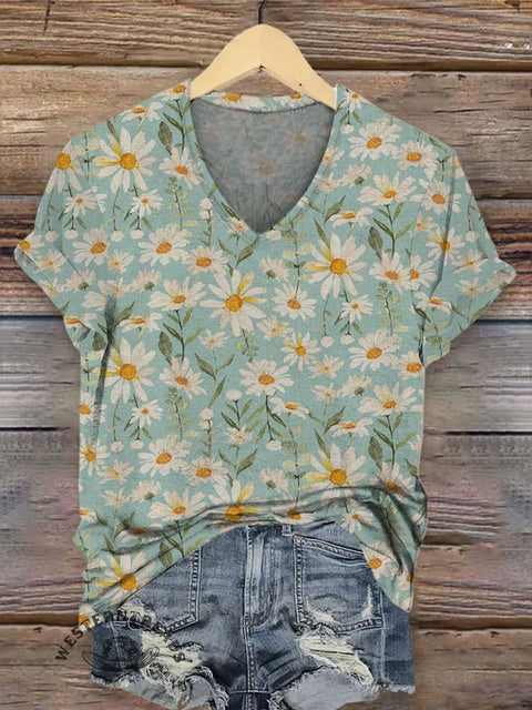Flower Pattern Women's V-neck Casual T-Shirt