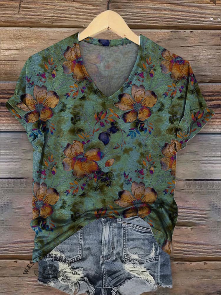 Retro Flower Prints Women's Vintage Art V-neck Casual T-Shirt