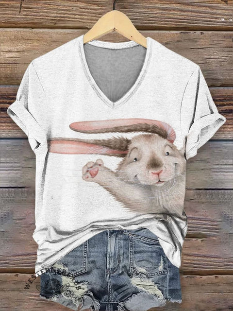 Women's Cute Rabbit Print Art V-neck Casual T-Shirt