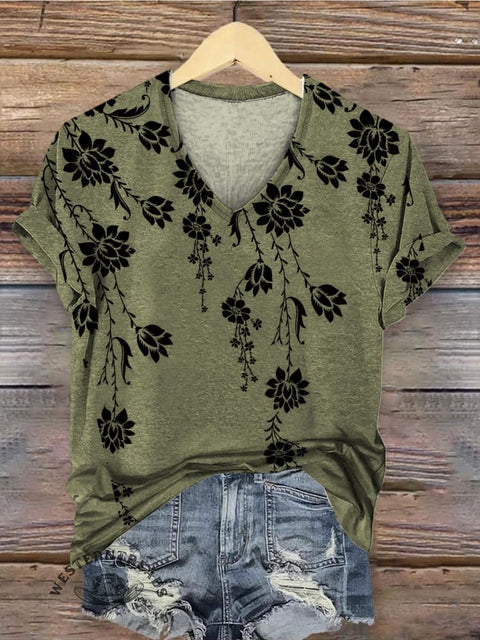 Women's Retro Ethnic Style Flowers Art V-neck Casual T-Shirt