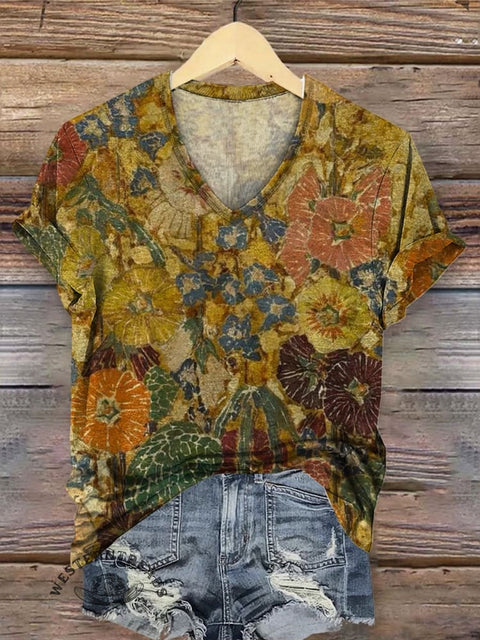 Women's Retro Ethnic Style Sunflowers Art V-neck Casual T-Shirt