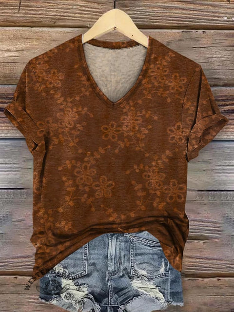 Women's Retro Ethnic Style Flowers Art V-neck Casual T-Shirt