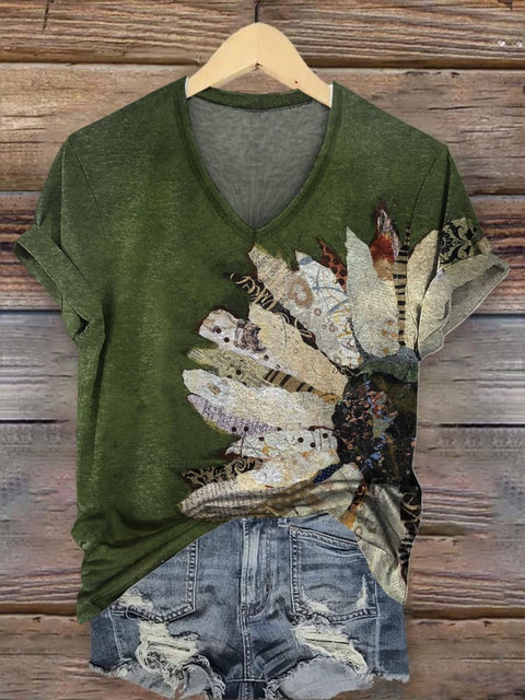 Women's Retro Ethnic Style Daisy Flowers Art V-neck Casual T-Shirt