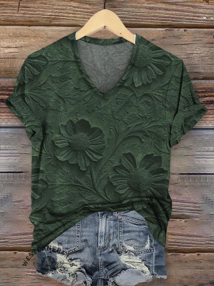 Retro Relief Floral Pattern V-neck Casual T-Shirt