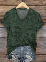 Retro Relief Floral Pattern V-neck Casual T-Shirt