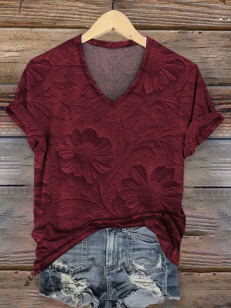 Retro Relief Floral Pattern V-neck Casual T-Shirt