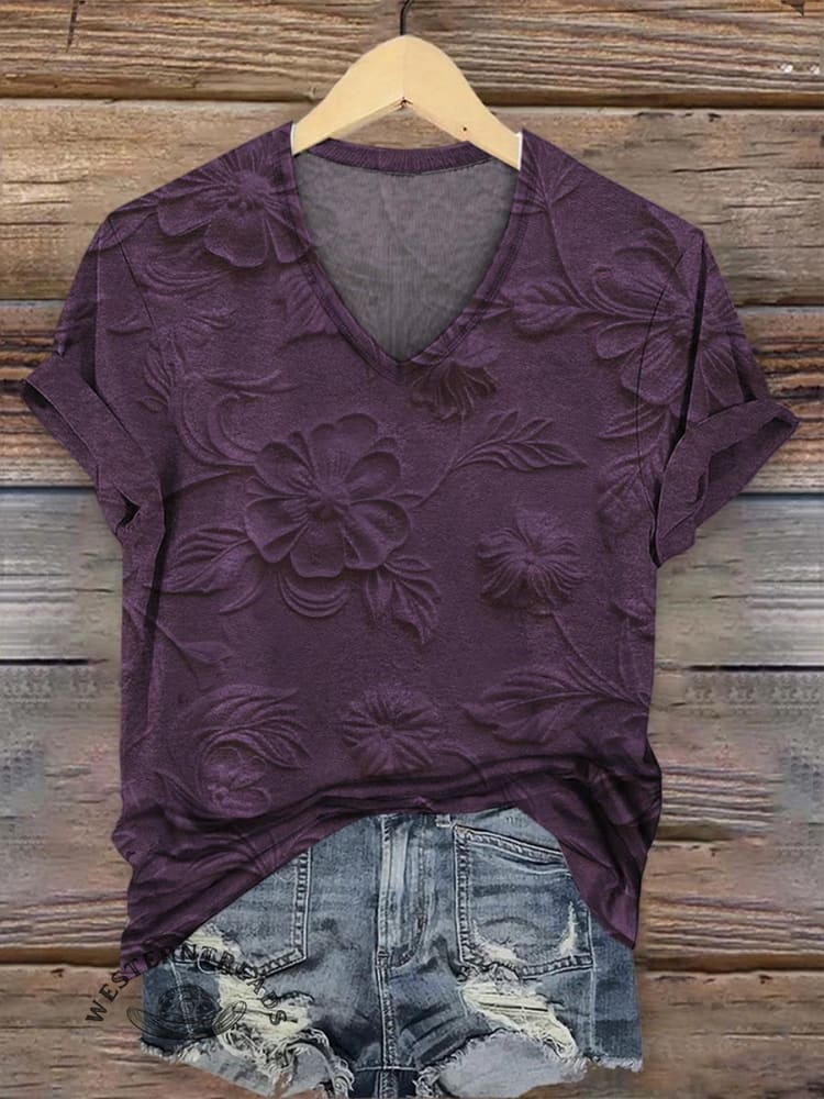 Retro Relief Floral Pattern V-neck Casual T-Shirt