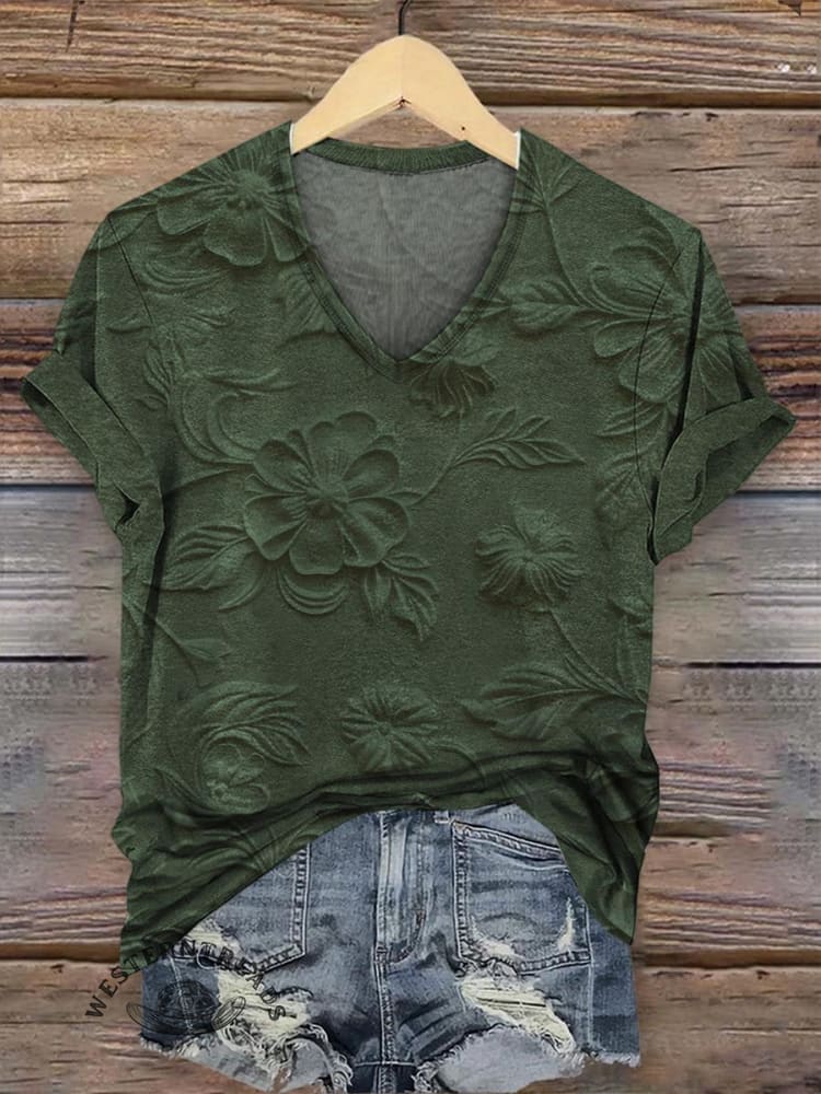 Retro Relief Floral Pattern V-neck Casual T-Shirt