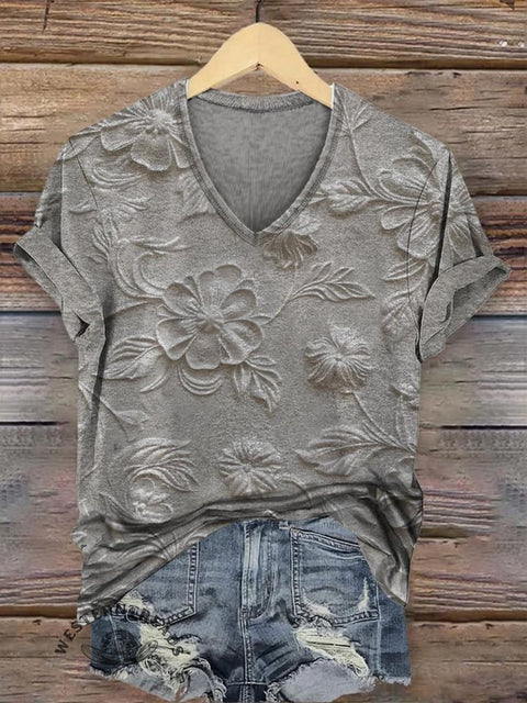 Retro Relief Floral Pattern V-neck Casual T-Shirt