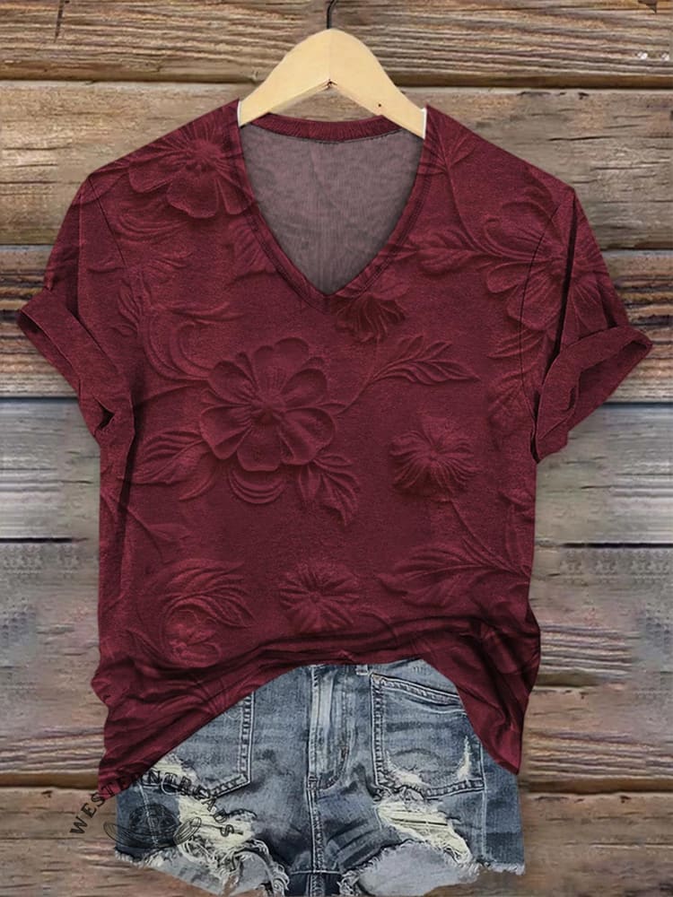 Retro Relief Floral Pattern V-neck Casual T-Shirt