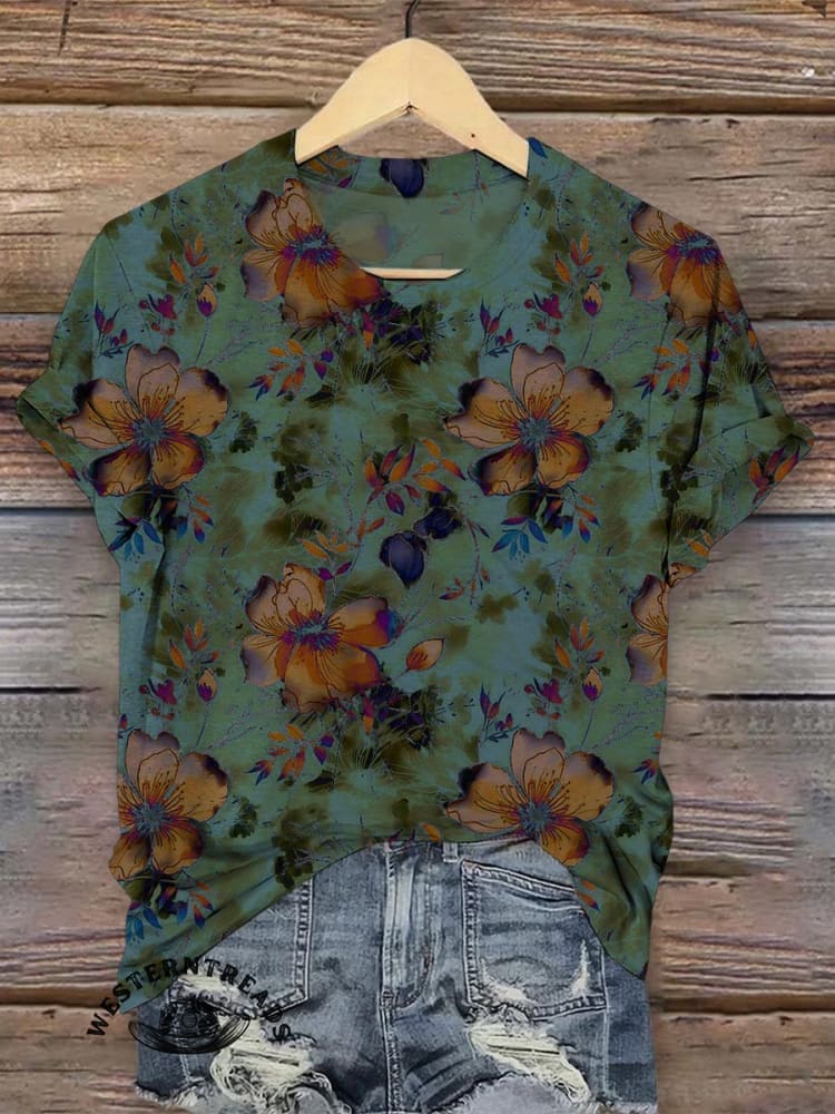 Retro Flower Prints Women's Vintage Art V-neck Casual T-Shirt