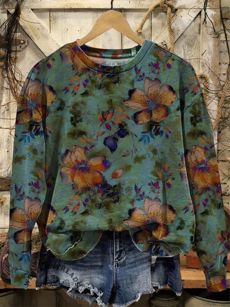 Retro Flower Prints Women's Vintage Art V-neck Casual T-Shirt