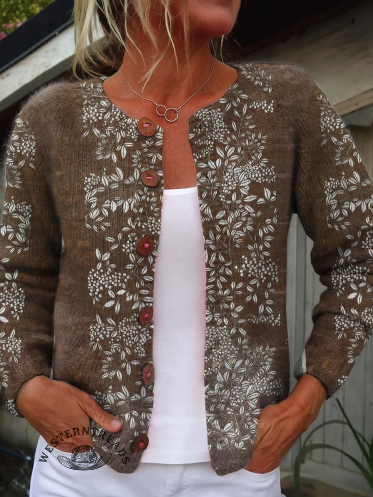 Flower Print Buttoned Cardigan Sweater