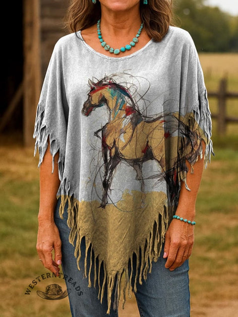 Women's Retro Western Elements Print Batwing Tassel Fringed Poncho Casual Tops