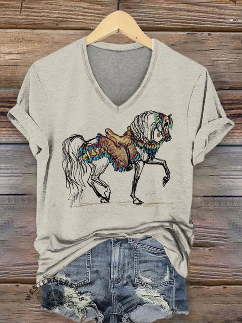 Retro Farm Animals Pattern Women's V-neck Casual T-Shirt