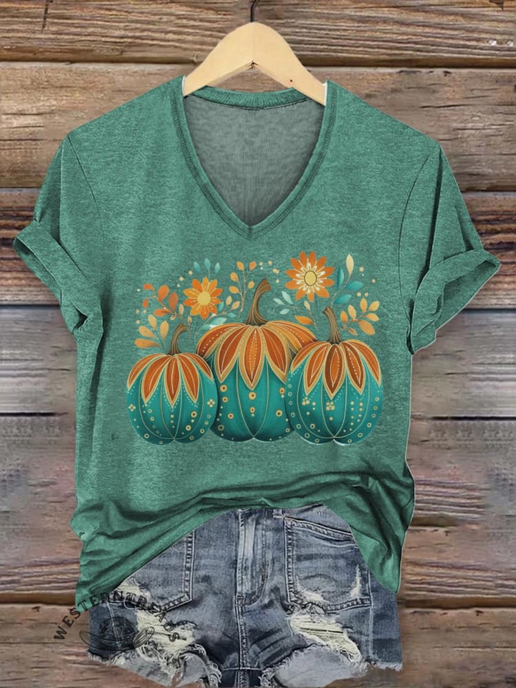 Vintage Halloween Pumpkin Print Women's V-neck Casual T-Shirt