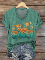 Vintage Halloween Pumpkin Print Women's V-neck Casual T-Shirt