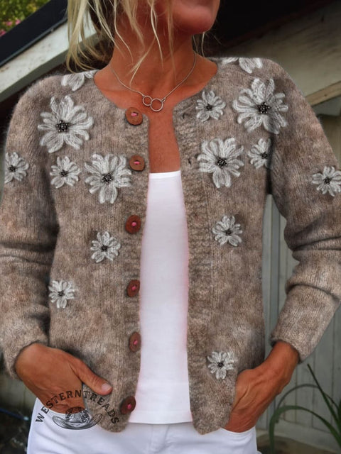 Floral Print Buttoned Cardigan Sweater