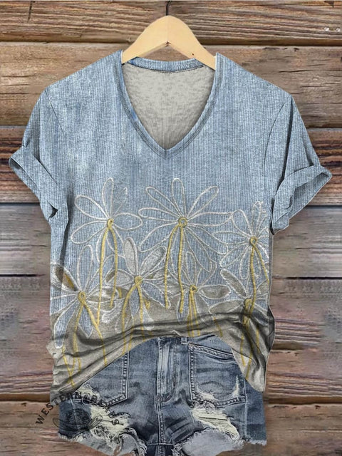 Flower Print Women's V-neck Casual T-Shirt