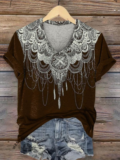Bohemia Style Print Women's V-neck Casual T-Shirt