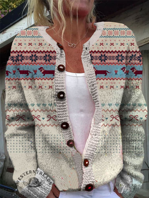 Lovely Dachshund Dog Print Buttoned Cardigan Sweater