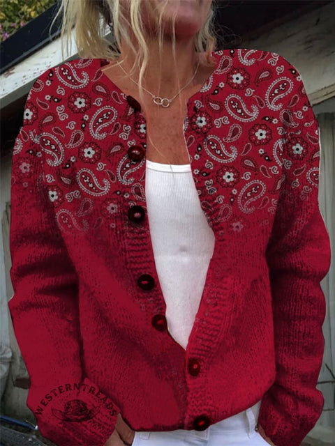 Paisley Print Buttoned Cardigan Sweater