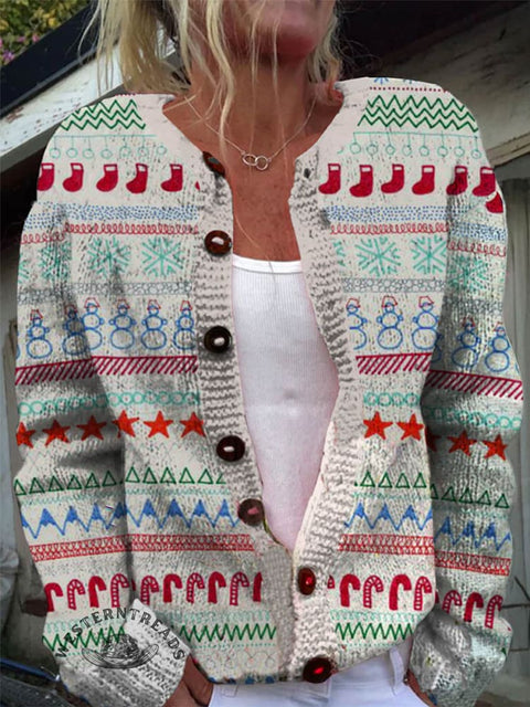 Christmas Print Buttoned Cardigan Sweater