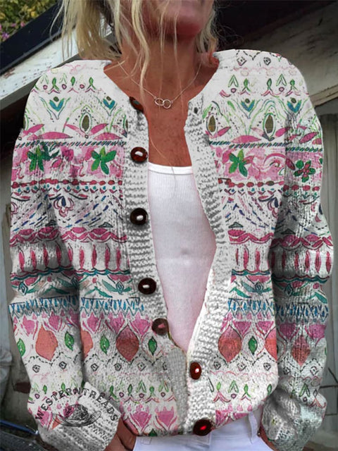 Lovely Flower Print Buttoned Cardigan Sweater