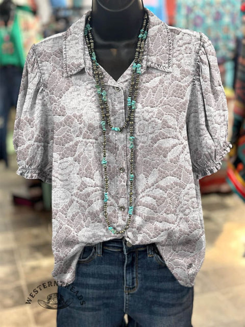 Women's Pastoral Lace Flowers Print Casual Cotton Shirt