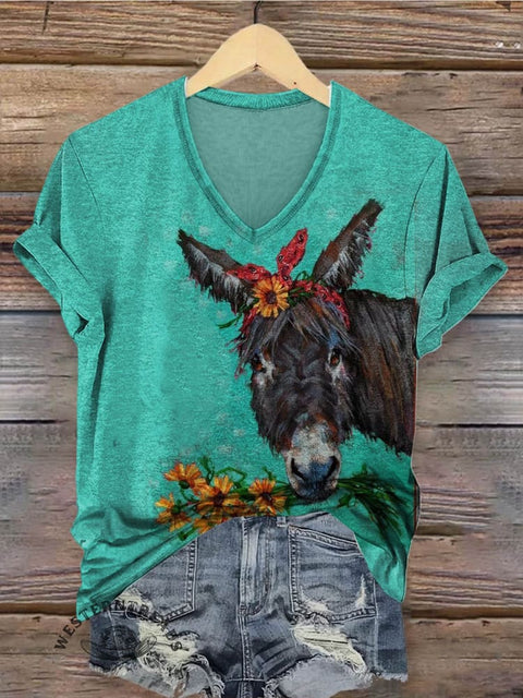 Donkey Print Women's V-neck Casual T-Shirt