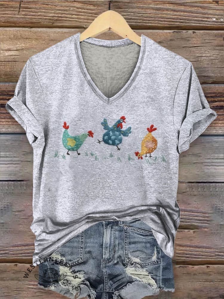 Vintage Farm Hen Print Women's V-neck Casual T-Shirt