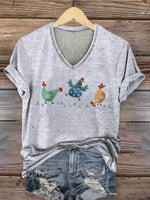Vintage Farm Hen Print Women's V-neck Casual T-Shirt