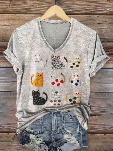 Cat Print Women's V-neck Casual T-Shirt