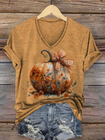 Halloween Pumpkin Print Women's V-neck Casual T-Shirt