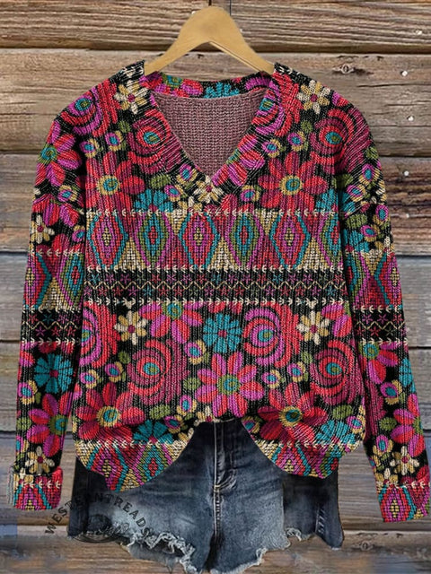 Women's Tribal Flowers Pattern Casual Printed V-neck Knitted Sweater