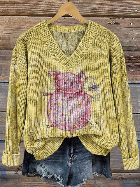 Women's Watercolor Pig Pattern Casual Printed V-neck Knitted Sweater