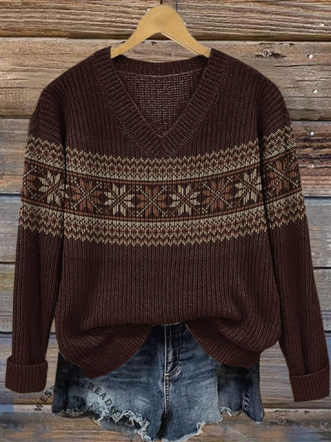 Women's Aztec Pattern Casual Printed V-neck Knitted Sweater