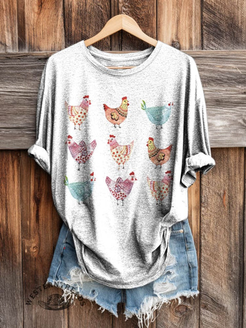 Retro Hen Art Print Casual Long Sleeve T-shirt