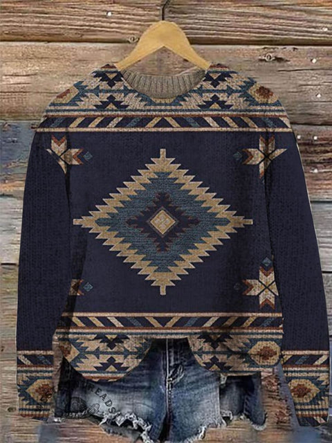 Retro Aztec Print Knit Pullover Sweater
