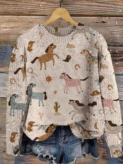 Retro Horse Print Knit Pullover Sweater